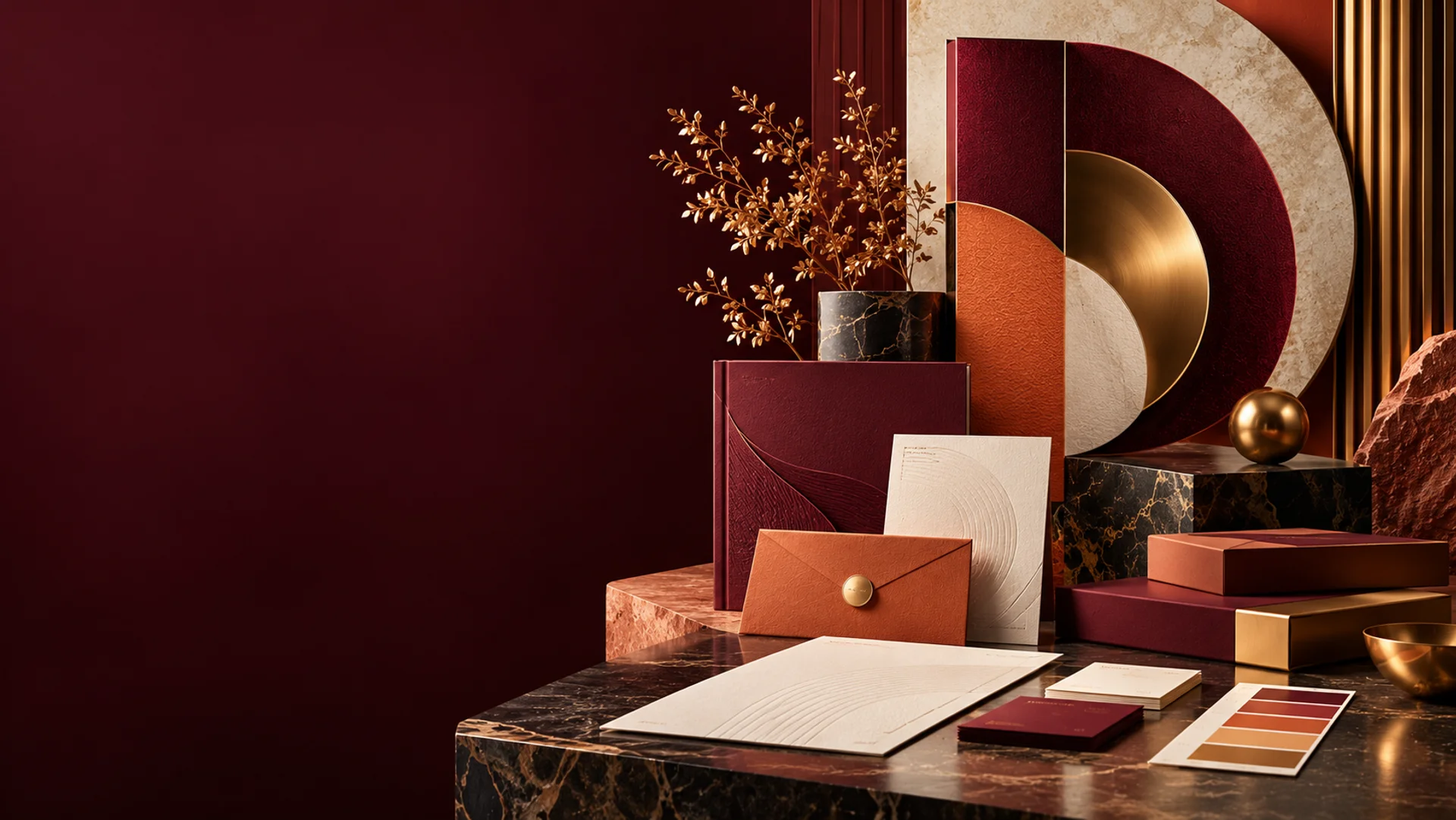 Premium concept of coordinated brand stationery, packaging and visual identity