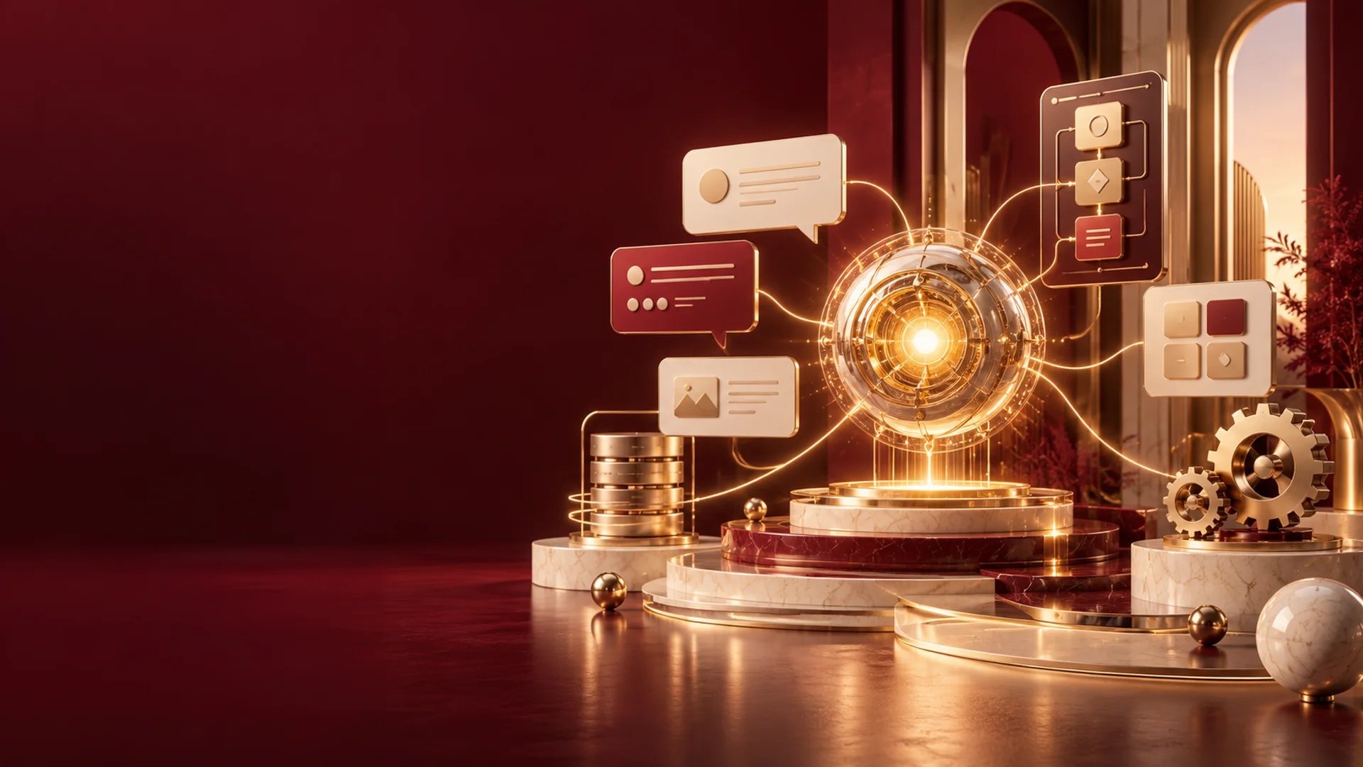 Cinematic automation concept connecting an intelligence core with business workflow modules
