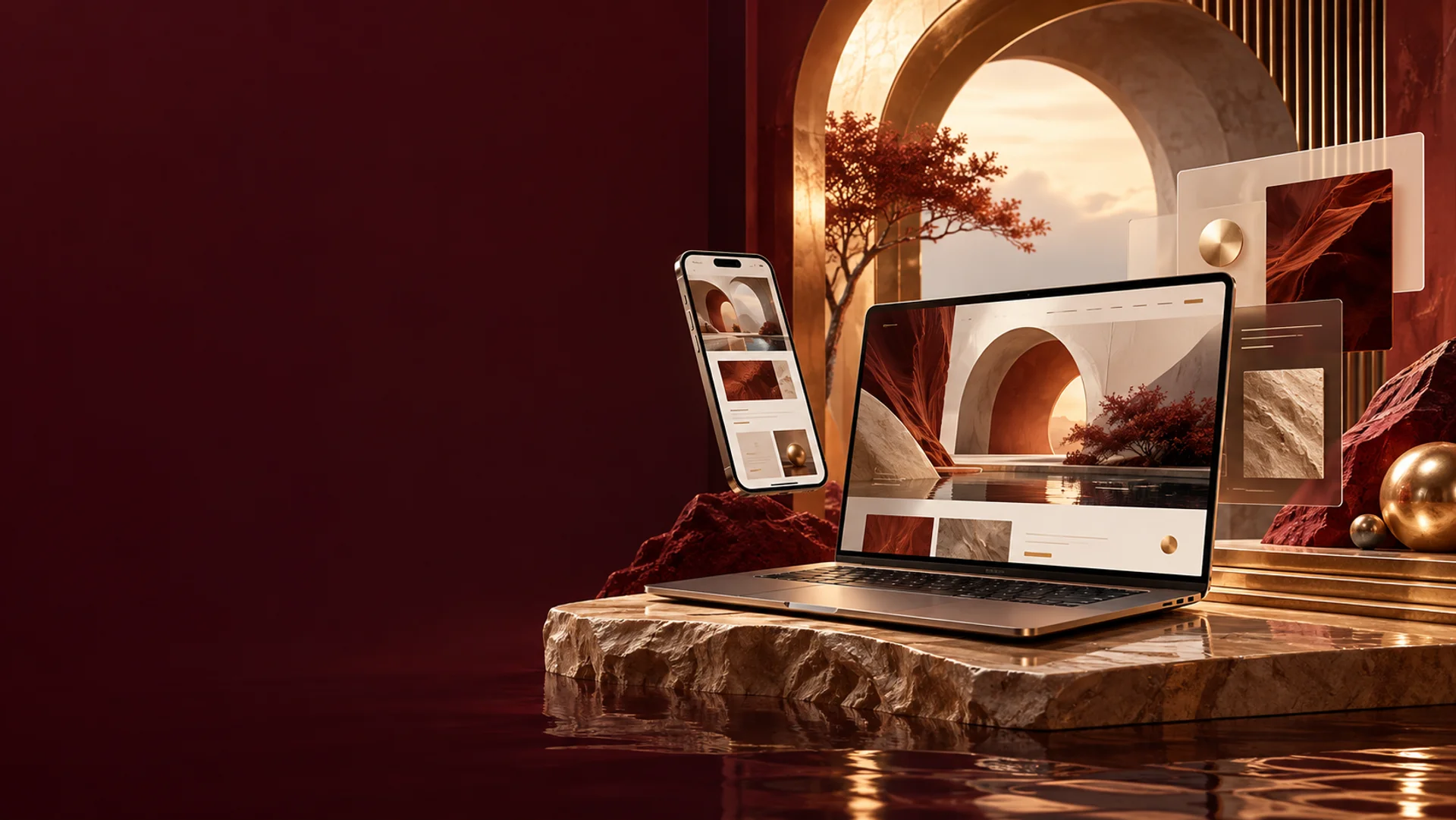 Cinematic concept of responsive website designs on a laptop and mobile screen