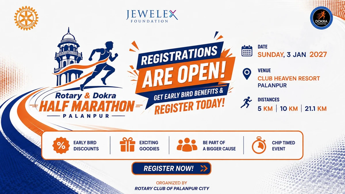 Event reference poster for the Rotary and Dokra Half Marathon Palanpur 2027