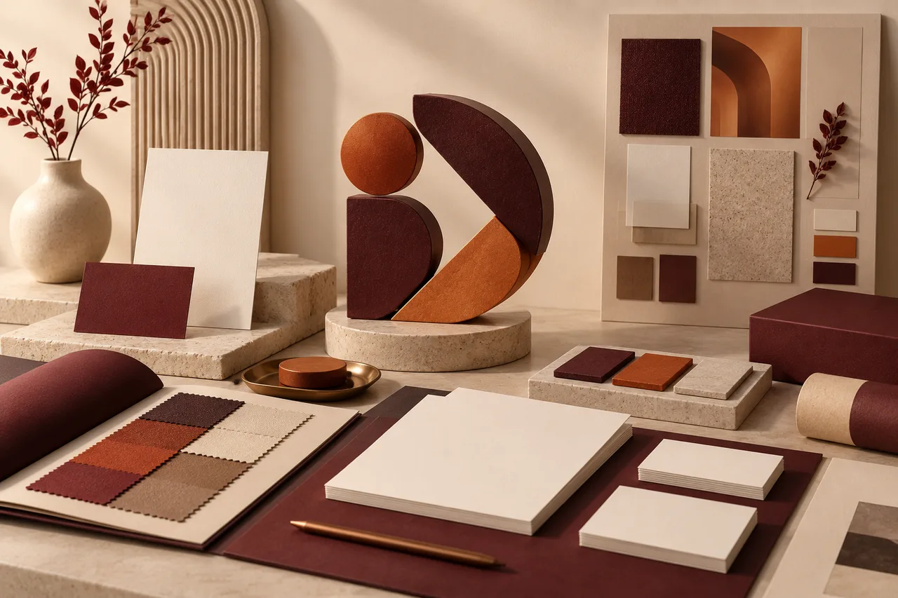 Concept illustration of coordinated brand colours, stationery and design materials