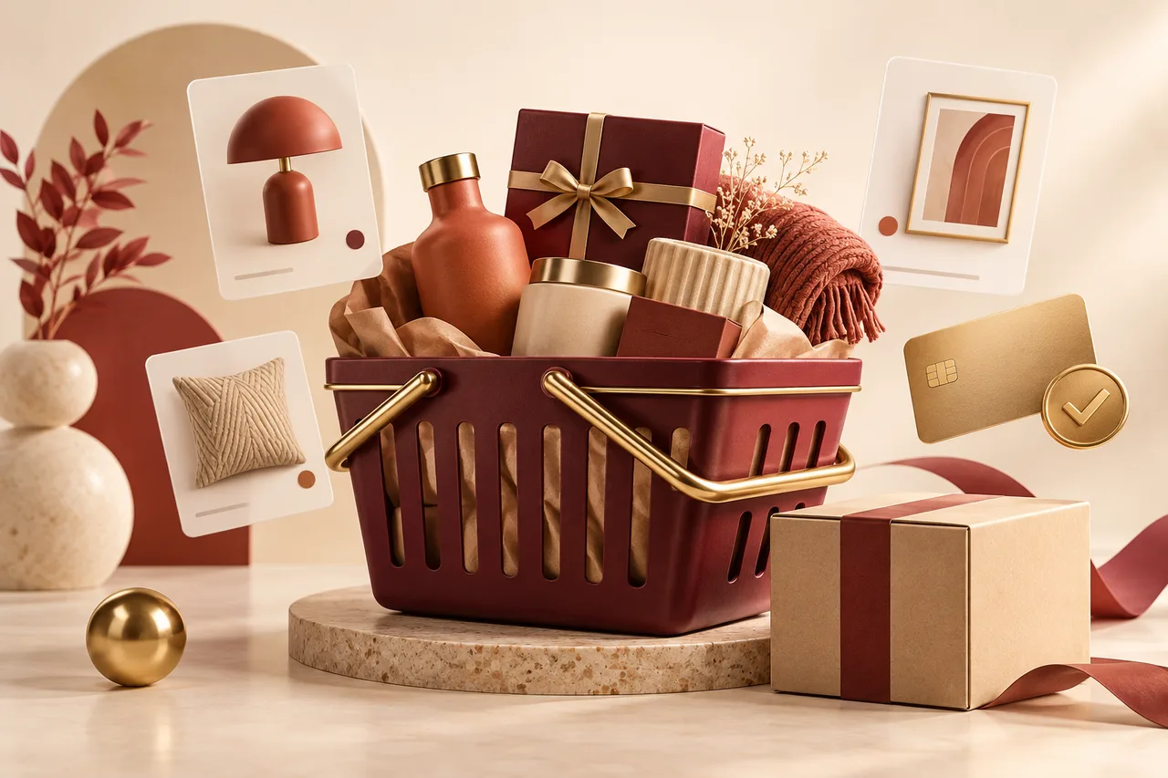 Concept illustration of a shopping basket, product catalogue, payments and delivery