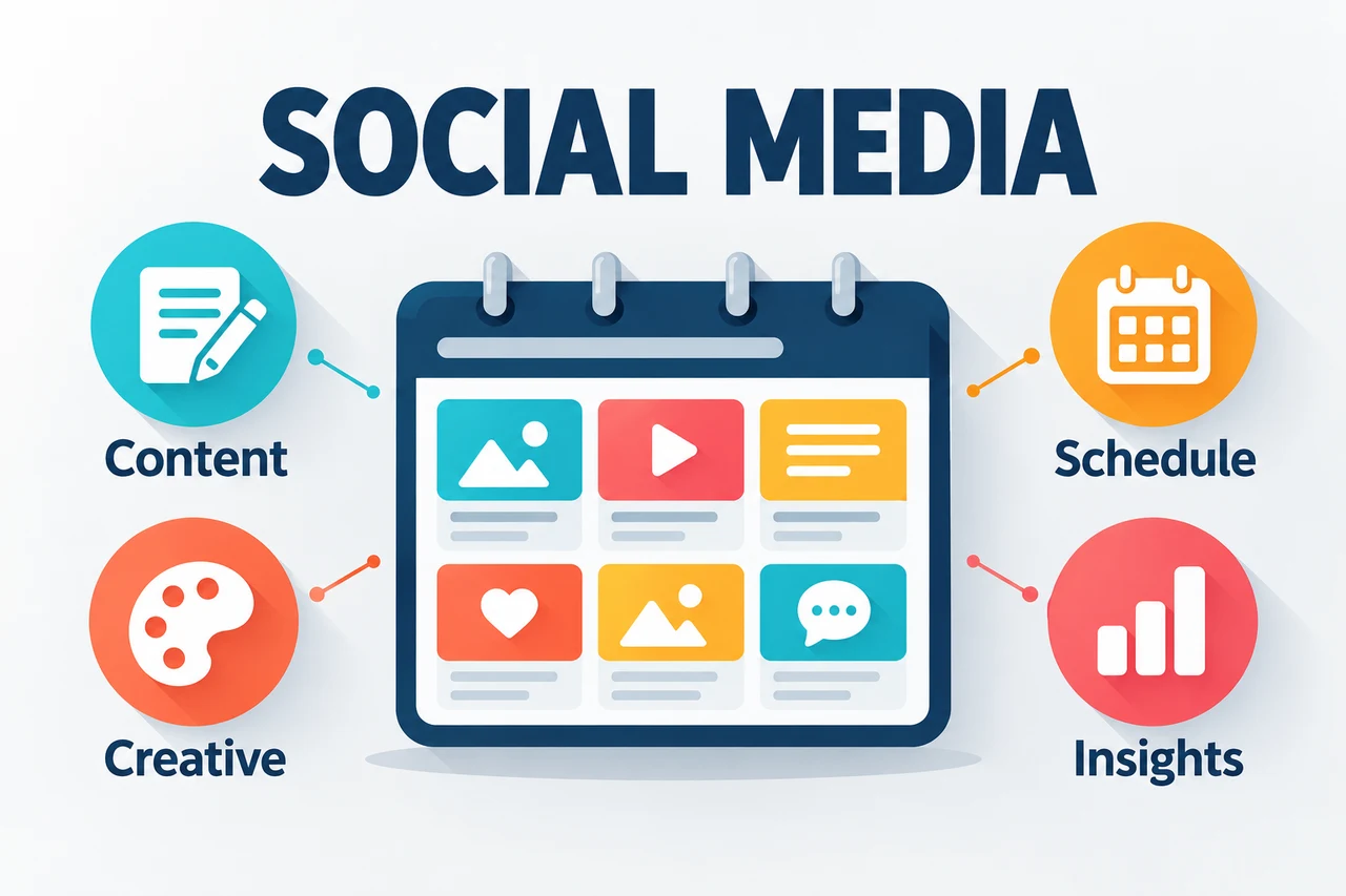 Social media service illustration with content and audience symbols