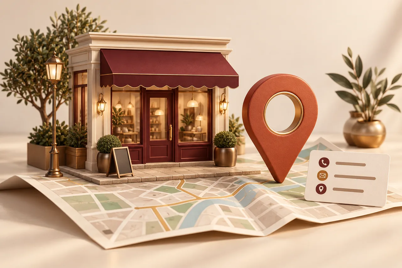 Concept illustration of a local storefront, street map and location pin