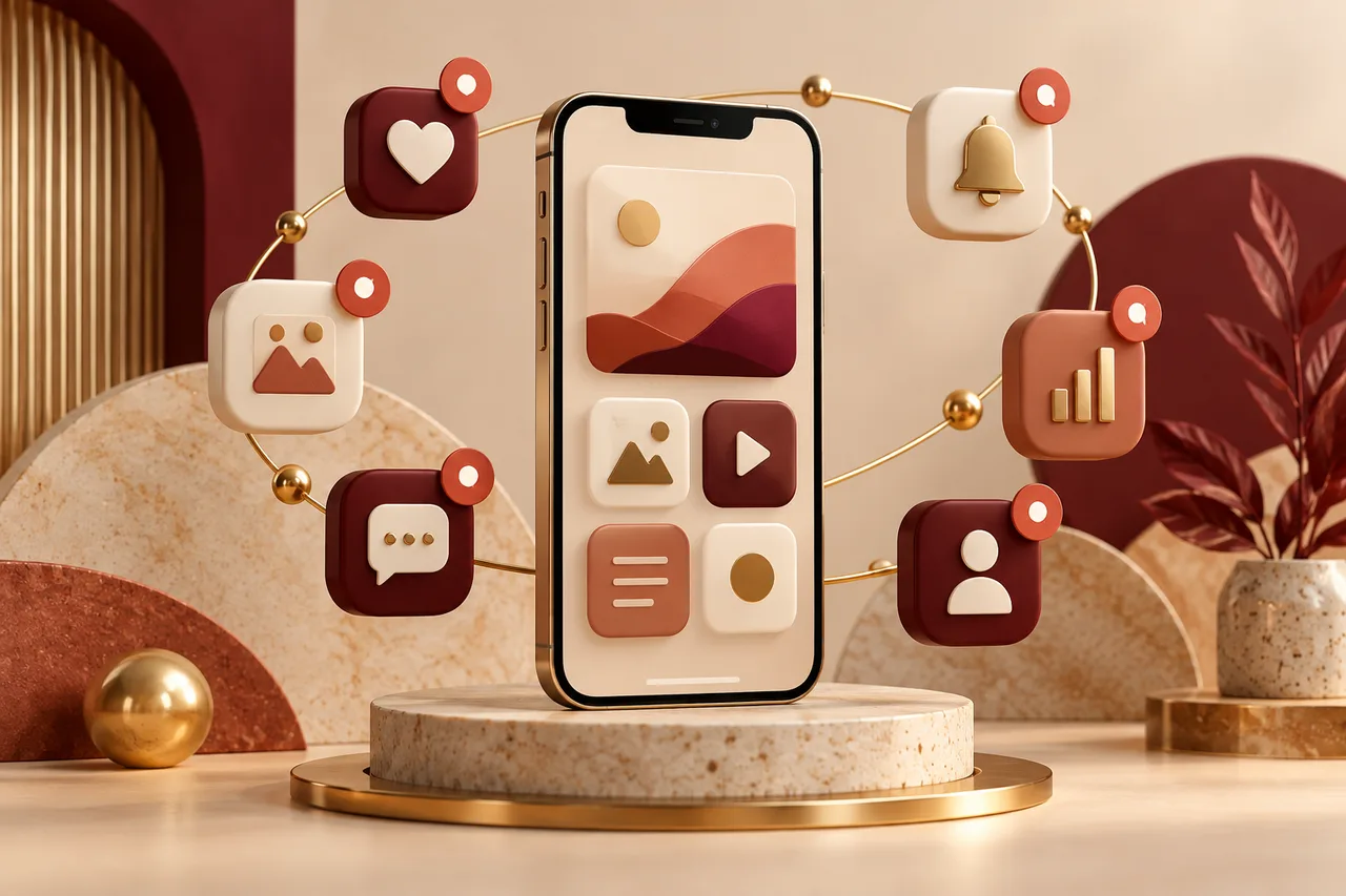 Concept illustration of a smartphone with modular app screens and notifications