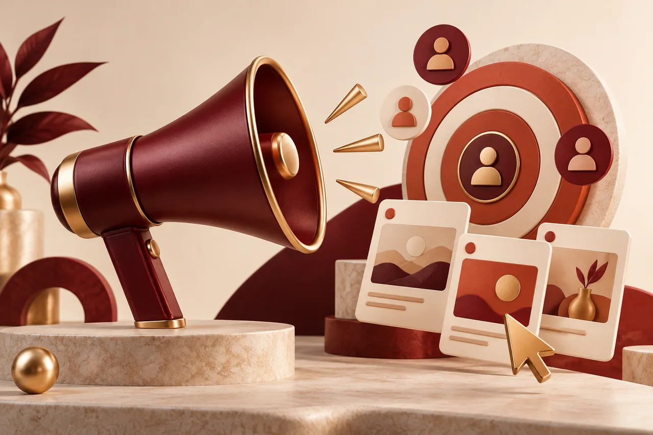 Concept illustration of a megaphone, audience targeting and campaign cards