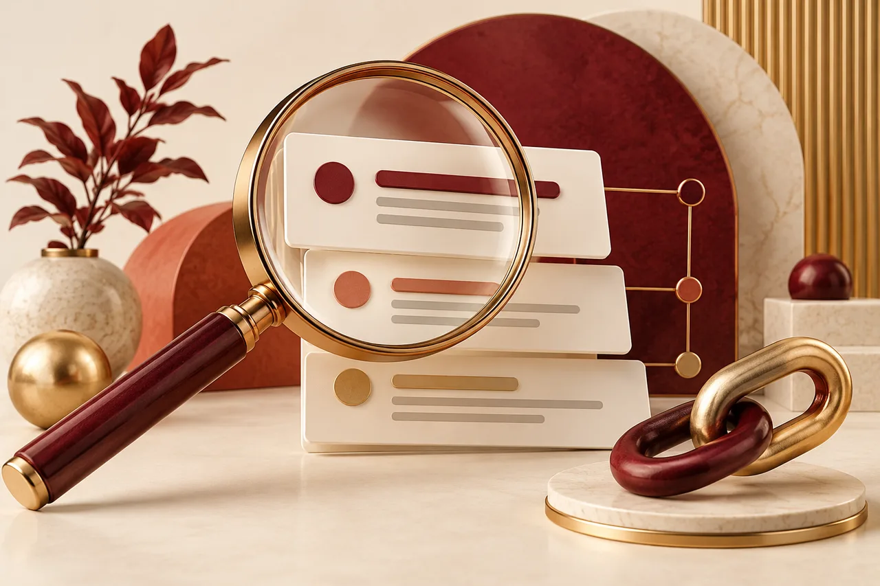 Concept illustration of a magnifying glass inspecting structured search results