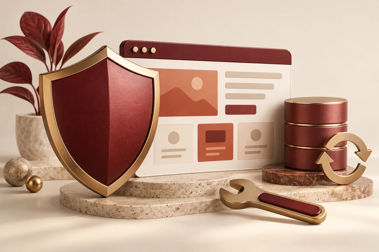 Concept illustration of website protection, backups, updates and maintenance